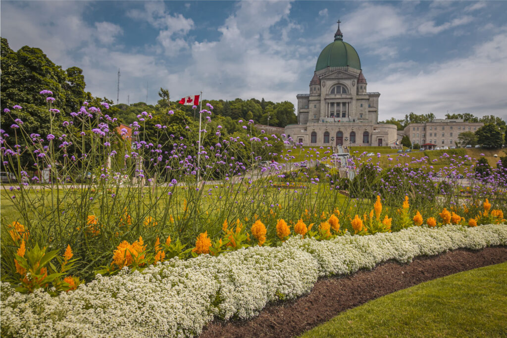 St Joseph’s Oratory and gardens with flowers in the foreground